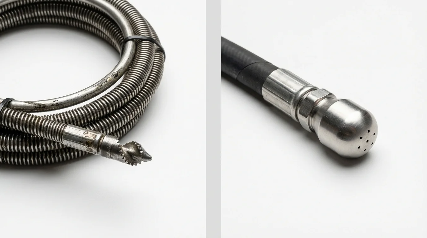 Drain snake cable and hydro jetting nozzle used for drain cleaning in Columbus, WI