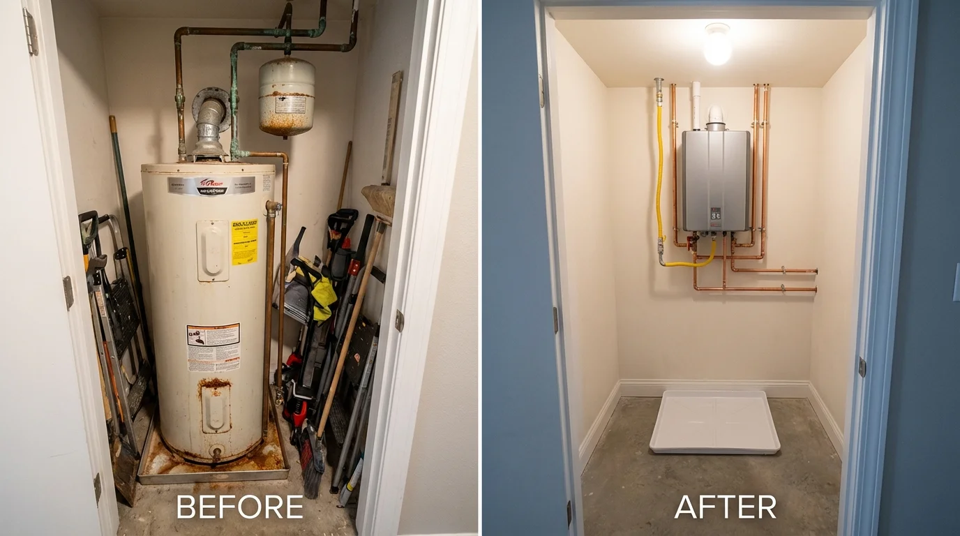 Tank water heater versus wall-mounted tankless unit comparison for Columbus, WI homeowners