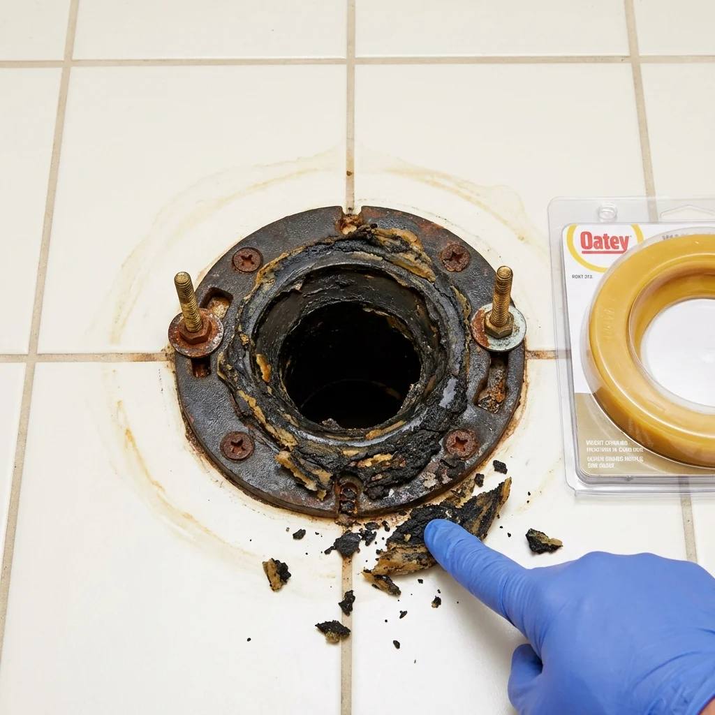 Failed wax ring showing water seepage at the base of a toilet in a Columbus, WI home