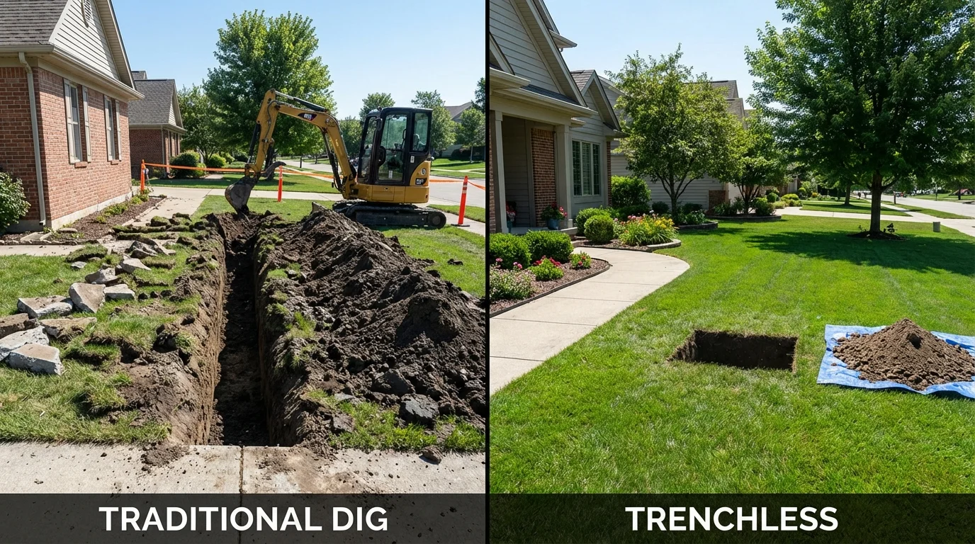 Trenchless sewer repair with minimal yard damage versus traditional excavation in Columbus, WI