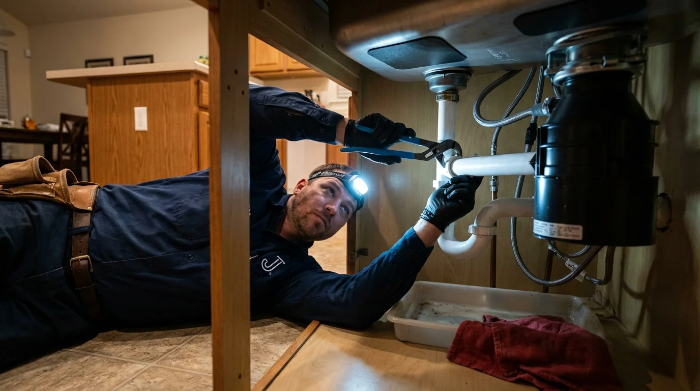 P-trap and supply line connections under a kitchen sink showing a common leak point in Columbus, WI